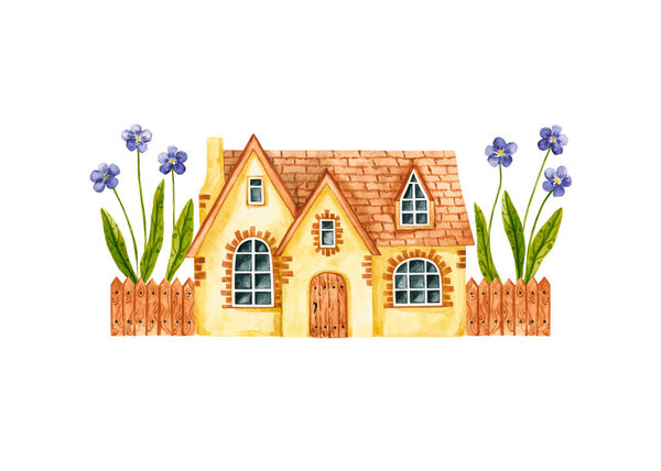 Watercolor house with fence and wildflowers. Hand drawn illustration is isolated on white. Cute vintage template is perfect for fairytale design, interior poster, nursery wallpaper, fabric textile