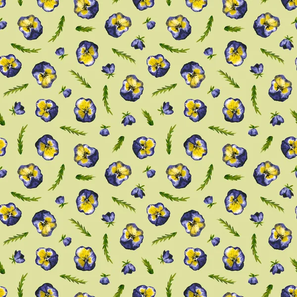 Seamless pattern with watercolor pansies. Hand drawn illustration is isolated on green. Floral template with flowers is perfect for vintage design, wedding decor, interior wallpaper, fabric textile — Stock Image Seamless Pattern Watercolor Pansies Hand Drawn Illustration Isolated Green Floral Royalty Free Stock Photos