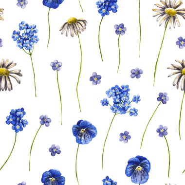 Suluboya kır çiçekleriyle kusursuz desen. El çizimi beyaza izole edilmiş. Çiçekli çiçek süsü keten tasarımı, düğün dekorasyonu, iç duvar kağıdı, kumaş tekstil için mükemmeldir.