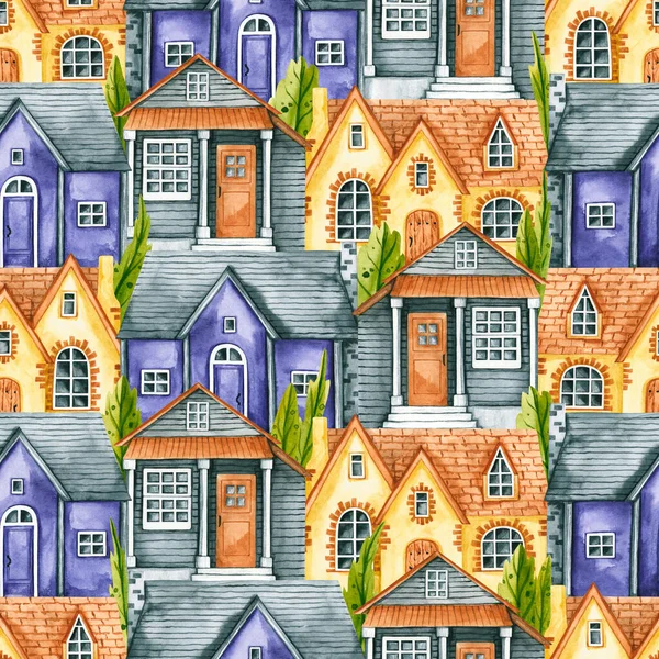 Seamless Pattern Watercolor Houses Trees Hand Drawn Illustration Old Town — Stock Photo, Image