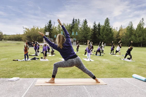 Yoga dersleri açık havada. Parktaki yoga derslerine katılan bir grup yetişkin. Sağlıklı bir yaşam tarzı. Bedensel ve zihinsel olarak sağlıklı olmak