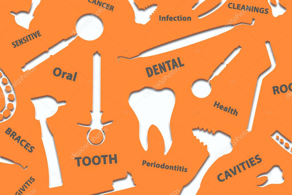 Dental background 3D illustration. Background image with dental tools symbols. Dentist tools kit.