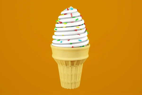 香草软服务冰淇淋与彩虹脆糖和晶圆锥 3D渲染 — 图库照片