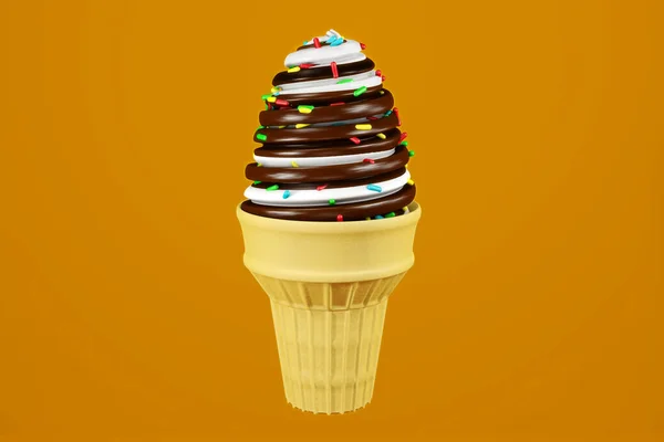 Ванильное Шоколадное Мороженое Радужным Хрустящим Сахаром Вафельным Конусом Рендеринг — стоковое фото