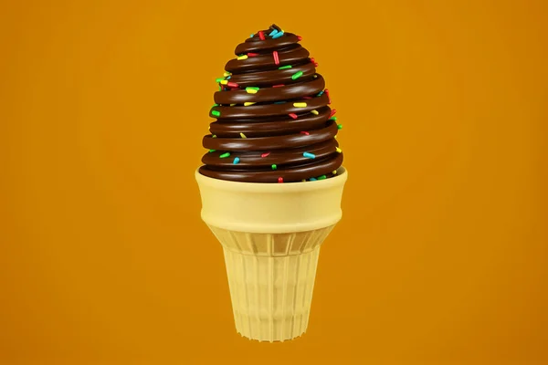 巧克力软食冰激淋与彩虹脆糖和晶圆锥 3D渲染 — 图库照片