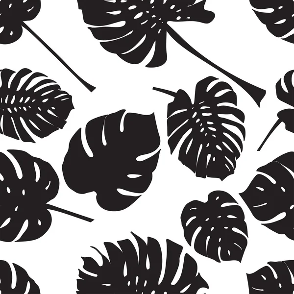 Sfondo senza cuciture con foglie di monstera tropicale silhouette. Nero isolato su sfondo bianco — Vettoriale Stock