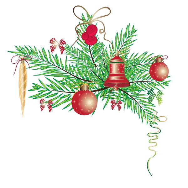 Старовинний новорічний вінок з гілкою ялиці та різдвяними кульками ізольовані на білому тлі — стоковий вектор
