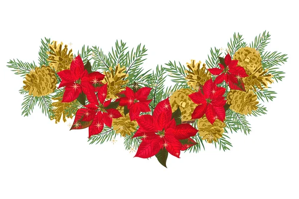 Vintage Noel çelenk altın çam kozalakları ve beyaz arka plan üzerinde izole kırmızı Atatürk çiçeği — Stok Vektör