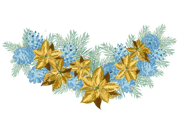 Vintage Christmas garland with blue pine cones and golden poinsettia isolated on white background — ストックベクタ