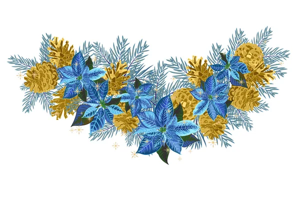 Ghirlanda di Natale vintage con pigne dorate e poinsettia blu isolata su sfondo bianco — Vettoriale Stock