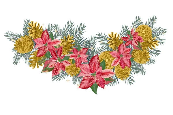 Vintage Christmas garland met gouden dennenappels en roze poinsettia geïsoleerd op witte achtergrond — Stockvector