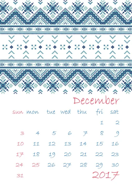 2017 kalendář planner s etnickým křížkové ornament týden začíná v neděli — Stockový vektor