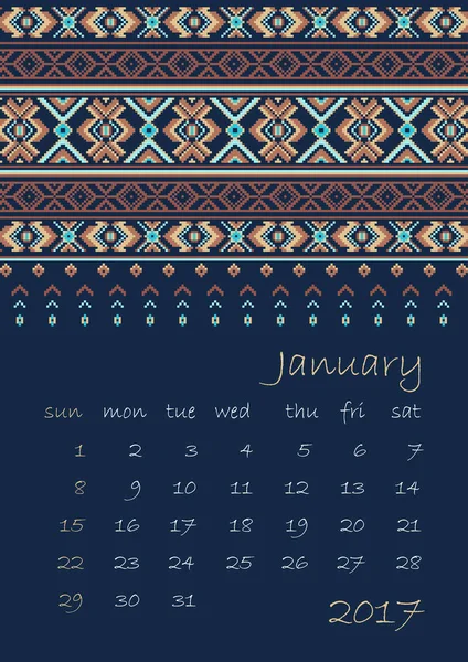 2017 kalender planner med etniska korsstygn prydnad på Mörkblå bakgrund veckan börjar på söndag — Stock vektor