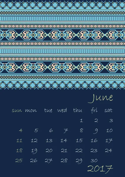 2017 Planificador de calendario con adorno étnico de punto de cruz sobre fondo azul oscuro La semana comienza el domingo — Vector de stock