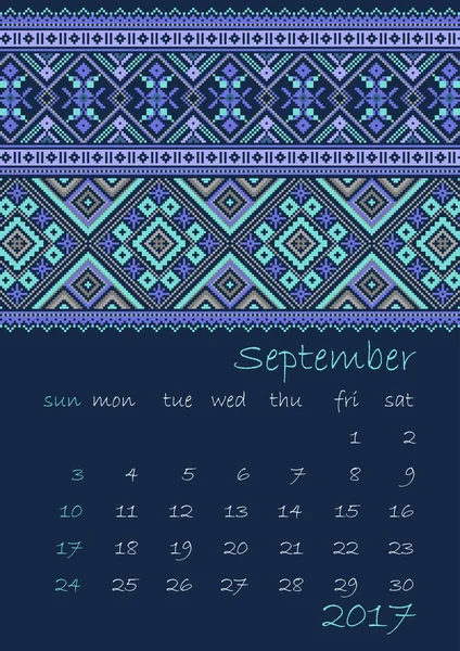 2017 Calendar planner with ethnic cross-stitch ornament on dark blue background Week starts on Sunday — Stock Vector