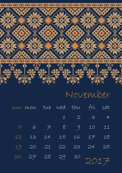 2017 Planificador del calendario con adorno étnico de punto de cruz La semana comienza el domingo — Vector de stock
