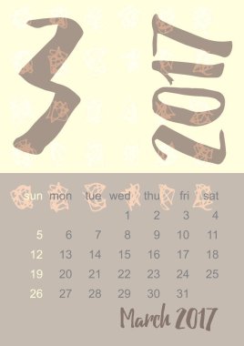 Hafta Pazar günü başlar 2017 takvim planlayıcısı kahverengi, gri ve sarı renkler