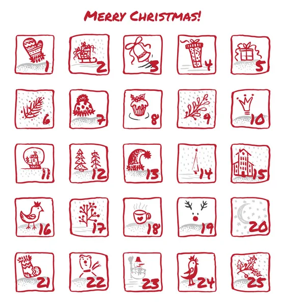 Adventi naptár 25 nappal karácsony. Készlet ikonok dolgozzák kezét, festék, ecset — Stock Vector
