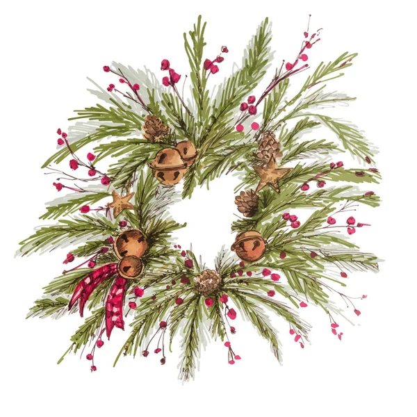 Різдвяний вінок старовинні новорічні прикраси з сосновими гілками, ягодами, ялиновими шишками . — стоковий вектор