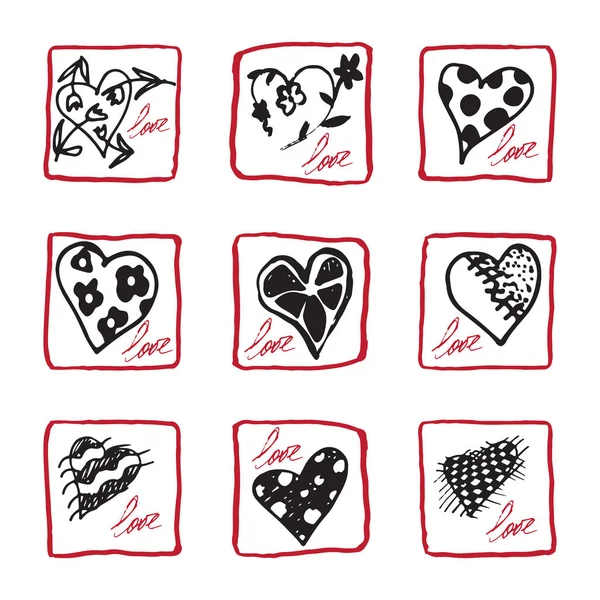 Set van retro handgetekende pictogram voor valentijnskaarten en trouwdag — Stockvector