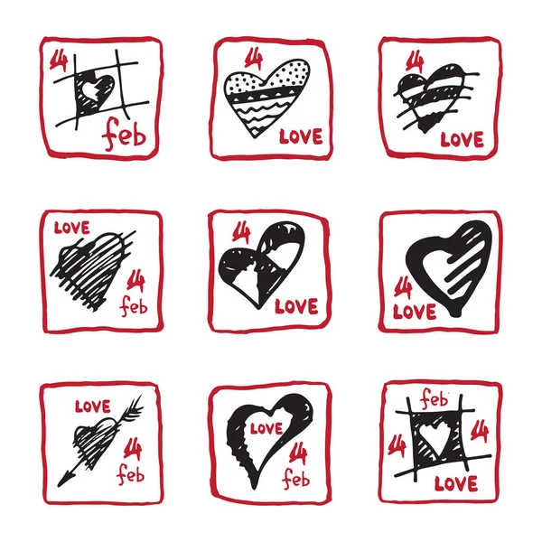 Set van retro handgetekende pictogram voor valentijnskaarten en trouwdag — Stockvector