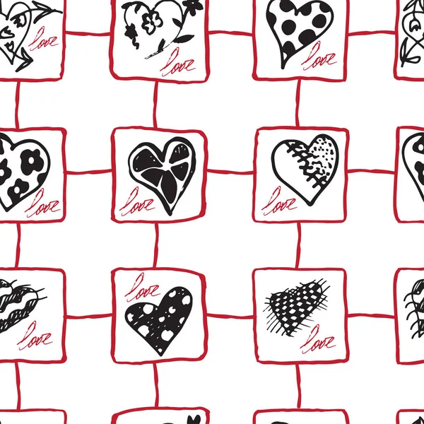 Retro handgetekende schetsen naadloze achtergrond met hart voor valentijnskaarten en trouwdag — Stockvector