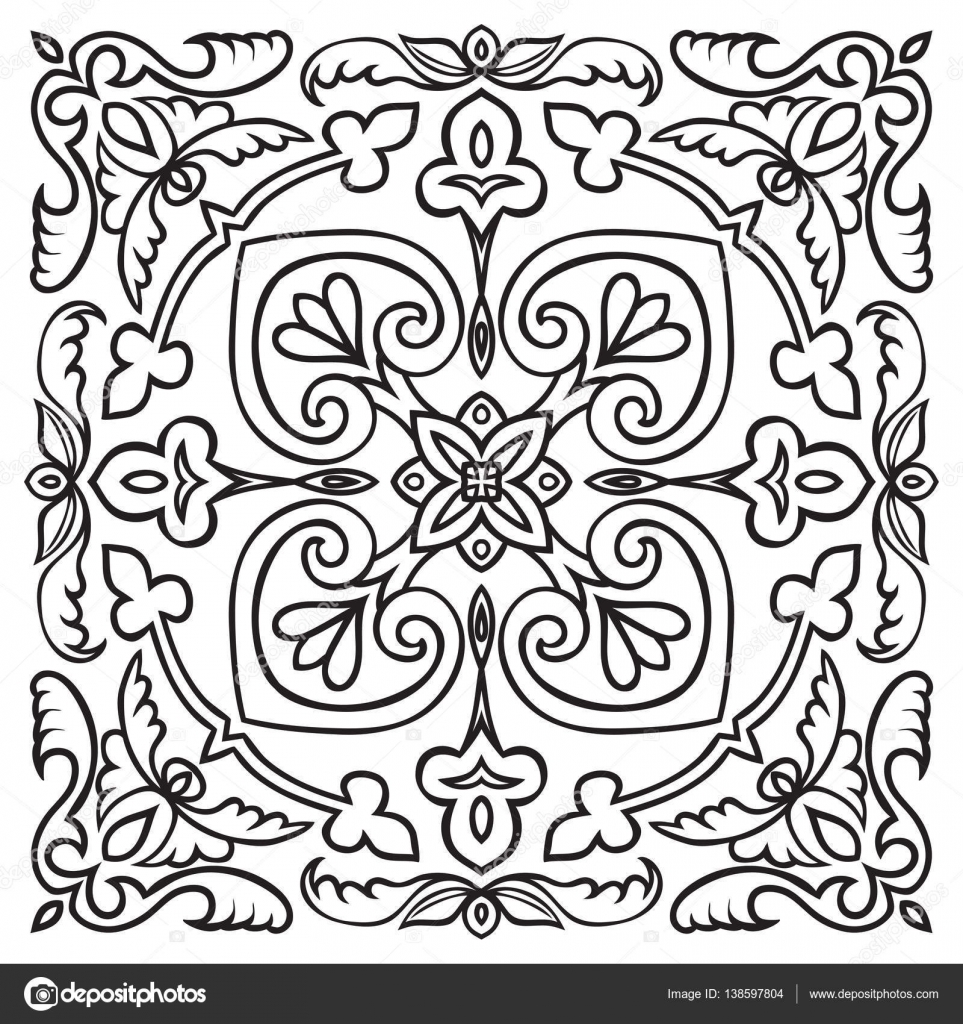 Disegno modello per piastrelle nei colori bianco e nero a mano Stile della maiolica italiana Illustrazione di vettore Il meglio per il vostro disegno