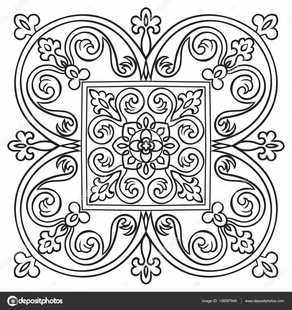 Disegno modello per piastrelle nei colori bianco e nero a mano Stile della maiolica italiana Illustrazione di vettore Il meglio per il vostro disegno