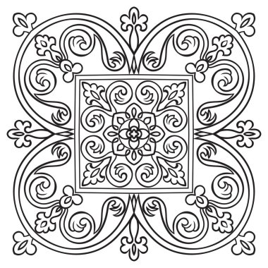 El Desen döşemesi için siyah ve beyaz renklerde çizimi. İtalyan Mayolikası tarzı