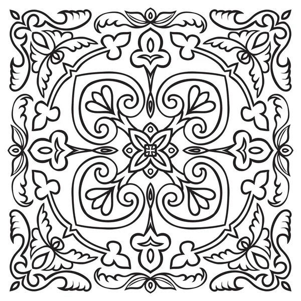 Hand tekening patroon voor tegeltapijt in zwarte en witte kleuren. Italiaanse majolica stijl — Stockvector