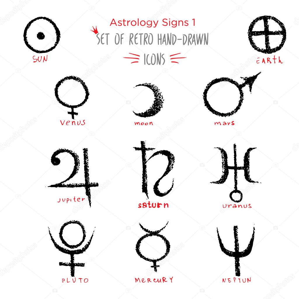 Hand-drawn sketch Planet and astrology sing icon set