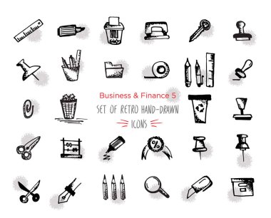 Çizilmiş kroki Finans web Icon set - Ekonomi, para, ödemeler. Yuvarlak noktalar formundaki vurgu ile. İzole siyah beyaz arka plan üzerinde