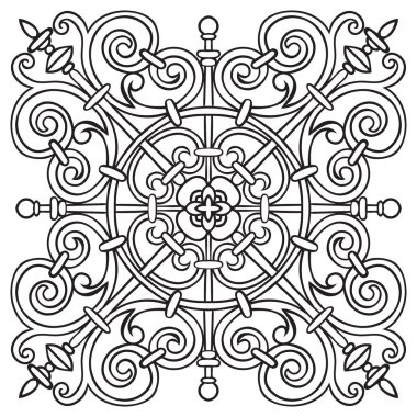 El Desen döşemesi için siyah ve beyaz renklerde çizimi. İtalyan Mayolikası tarzı