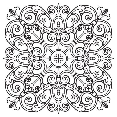 El Desen döşemesi için siyah ve beyaz renklerde çizimi. İtalyan Mayolikası tarzı