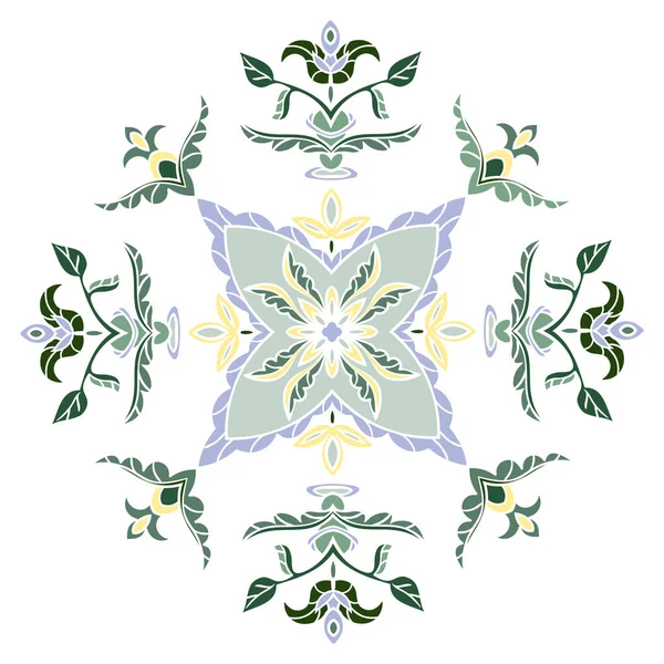 Ruční kresba vzor pro dlaždice v modré, žluté a zelené barvy. Květinové čtverce vzorníku — Stockový vektor