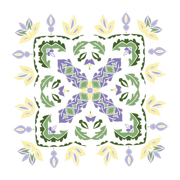 Hand tekenen patroon voor tegeltapijt in blauwe, gele en groene kleuren. Floral vierkante stencil — Stockvector