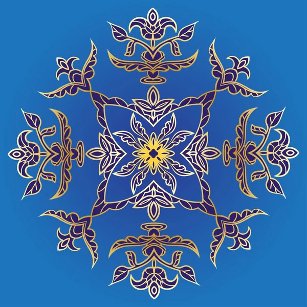 Hand tekenen patroon voor tegeltapijt in blauwe, gele en gouden kleuren. Floral plein — Stockvector