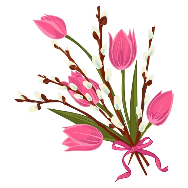 Fondo floral de primavera con hermoso ramo de tulipanes y flores de sauce coño — Vector de stock