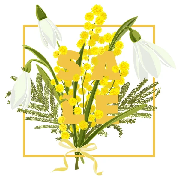 Çiçek kardelen ve Mimoza el çekilmiş renkli kart. Metin satış ile modern tipografi — Stok Vektör