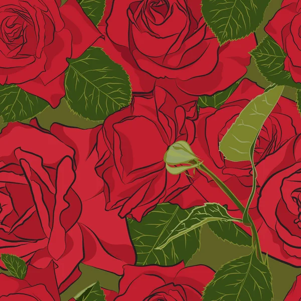 Hermosa rosa roja patrón sin costura. Silueta botánica de flor. Color de estilización plana — Archivo Imágenes Vectoriales
