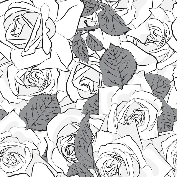 Hermosa flor de rosa negra, gris y blanca, patrón sin costuras. Silueta botánica dibujada a mano. Color de estilización plana — Vector de stock