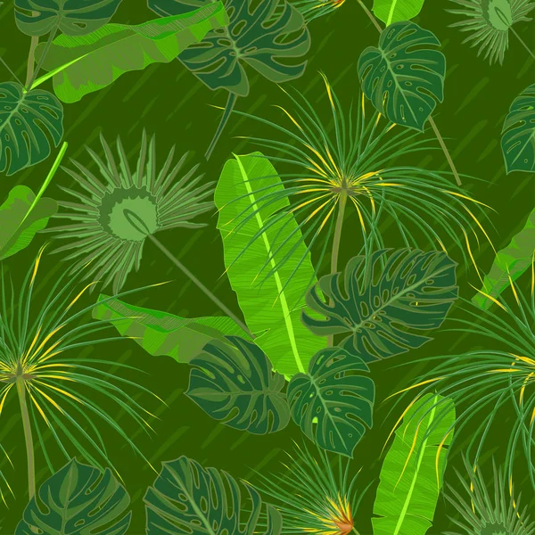 완벽 한 손 종 려를 가진 그려진된 열 대 패턴 나뭇잎, 어두운 배경 정글 이국적인 잎 — 스톡 벡터
