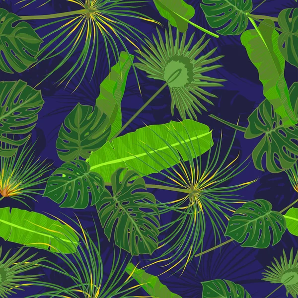 Patrón tropical dibujado a mano sin costuras con hojas de palma, hoja exótica de la selva sobre fondo oscuro — Vector de stock