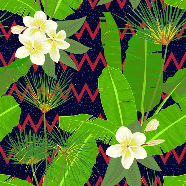 Motif tropical sans couture dessiné à la main avec des feuilles de palmier, feuille exotique jungle sur fond sombre — Image vectorielle