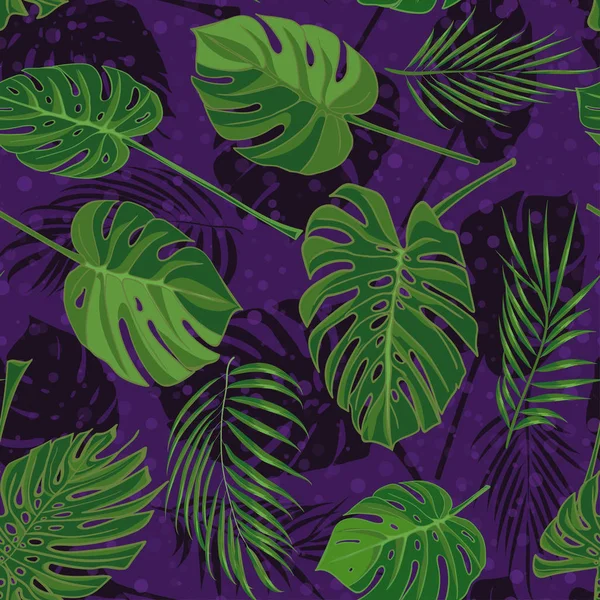 Motif tropical sans couture dessiné à la main avec des feuilles de palmier, feuille exotique jungle sur fond sombre — Image vectorielle