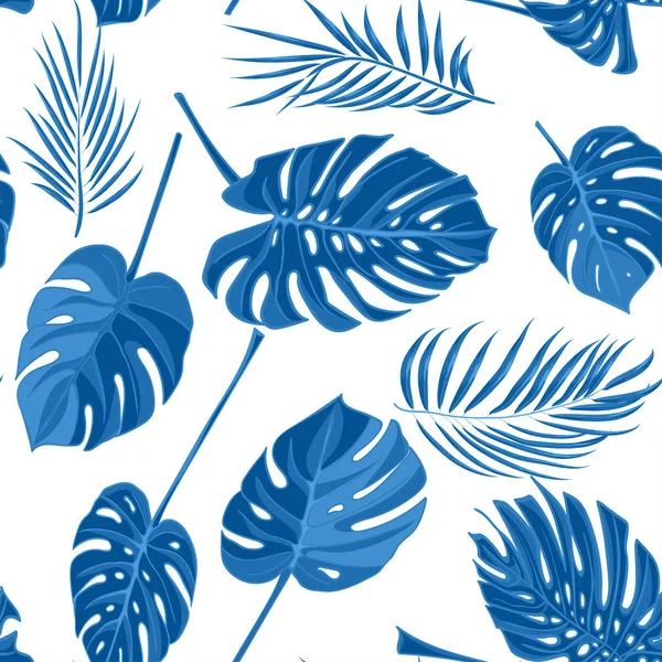 Seamless hand drawn tropical pattern with palm leaves in blue color, jungle exotic leaf on white background — Stock Vector