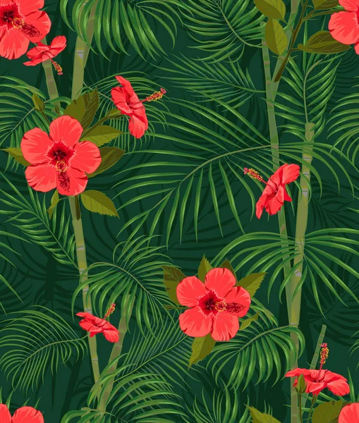 Motif tropical sans couture dessiné à la main avec des feuilles de palmier, fleur exotique jungle sur fond sombre — Image vectorielle