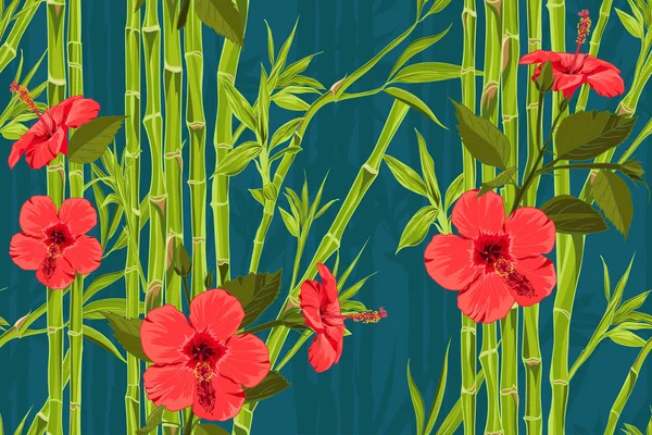 Naadloze hand getekende tropische patroon met palm bladeren, exotische bloem van de jungle op donkere achtergrond — Stockvector