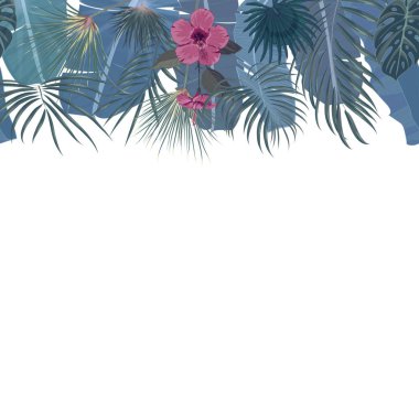 Elle çizilmiş tropikal palmiye yaprakları ve beyaz arka planda kesintisiz çerçeve kenarlığı ile orman egzotik çiçek tatil şablonu