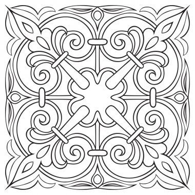 El Desen döşemesi için siyah ve beyaz renklerde çizimi. İtalyan Mayolikası tarzı